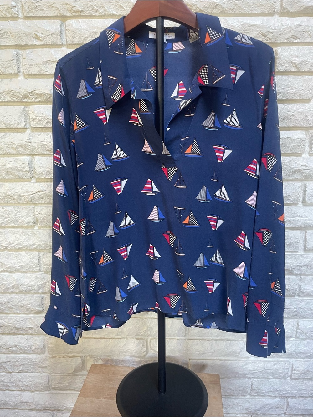 Equipment Navy Sailboat-Print Silk pull over Blouse